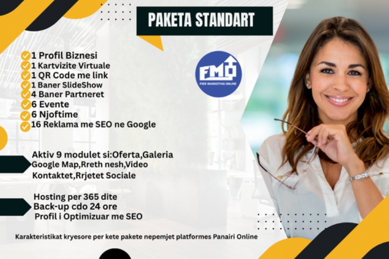 Paketa STANDART me 16 reklama dhe Profil biznesi me domain në platformën Panairi Online, website ne Google me SEO, Dyqan per shitje online, paniri online marketing, si funksionon paniri online, platforma paniri online për biznese